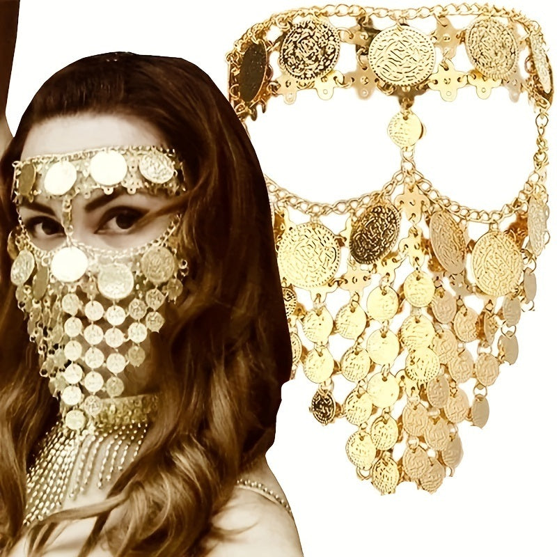 1pc Women Golden Mask Lady Cosplay Belly Dance Jewelry Coin Veil Halloween Dance Play Accessories