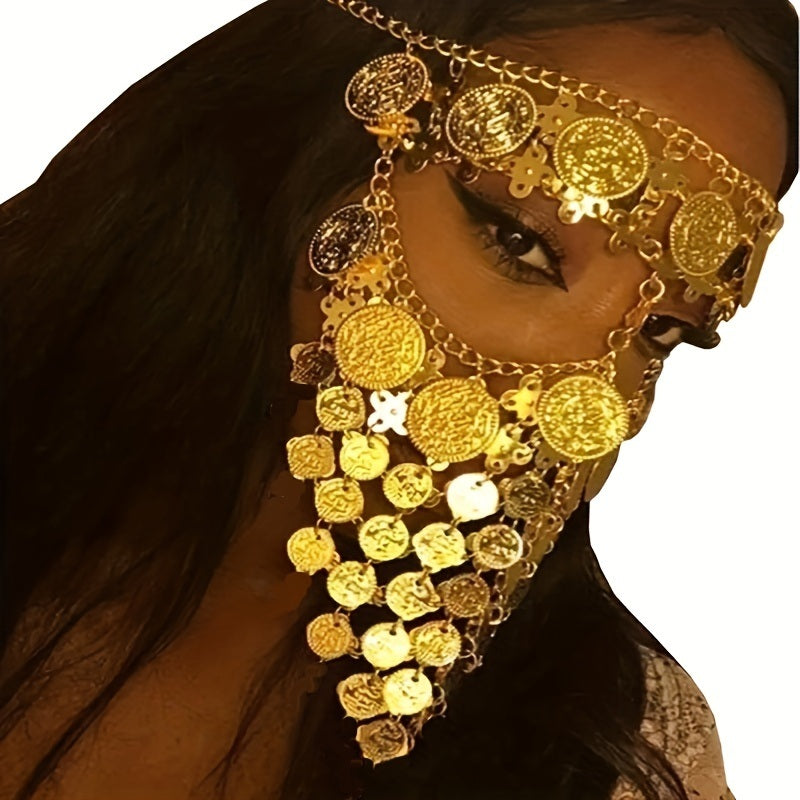 1pc Women Golden Mask Lady Cosplay Belly Dance Jewelry Coin Veil Halloween Dance Play Accessories