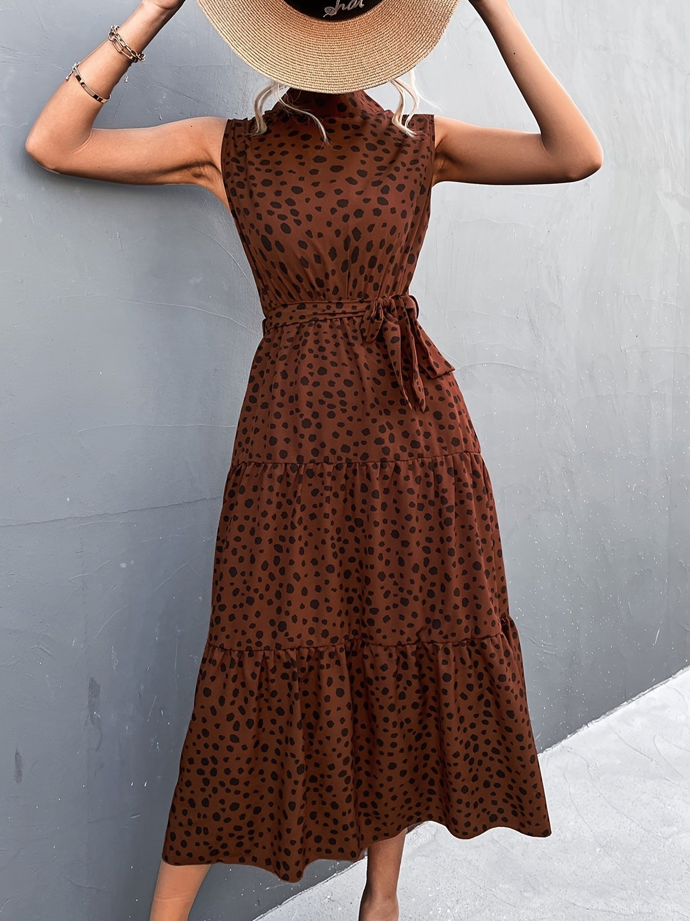 Elegant Lace Up Midi Dress; Dot Tie Print Sleeveless High Neck Belt Waist Summer Maxi Dresses; Women's Clothing