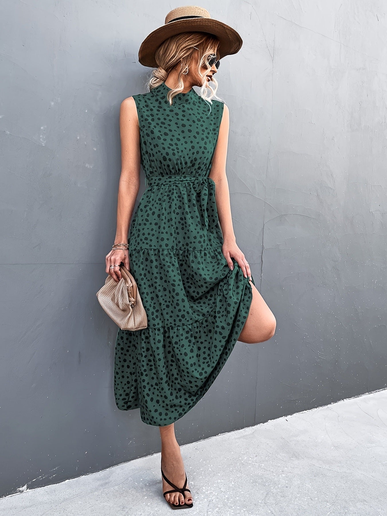 Elegant Lace Up Midi Dress; Dot Tie Print Sleeveless High Neck Belt Waist Summer Maxi Dresses; Women's Clothing