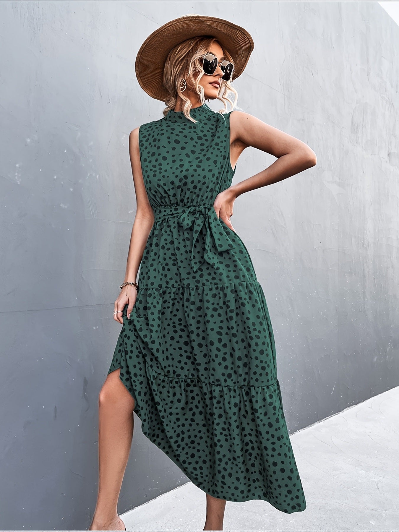 Elegant Lace Up Midi Dress; Dot Tie Print Sleeveless High Neck Belt Waist Summer Maxi Dresses; Women's Clothing