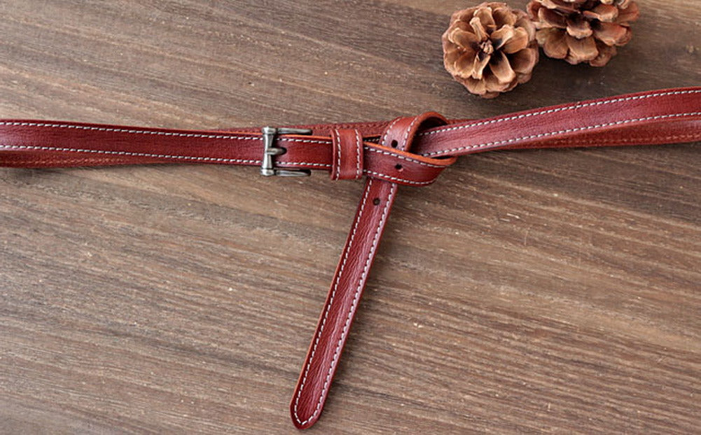 Women's Solid Brown Skinny Belt for Jeans Dresses Vintage Skinny Waist Belt