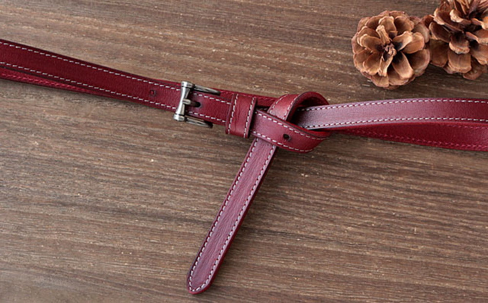 Women's Skinny Belt for Jeans Dresses Vintage Skinny Waist Belt; Dark Red