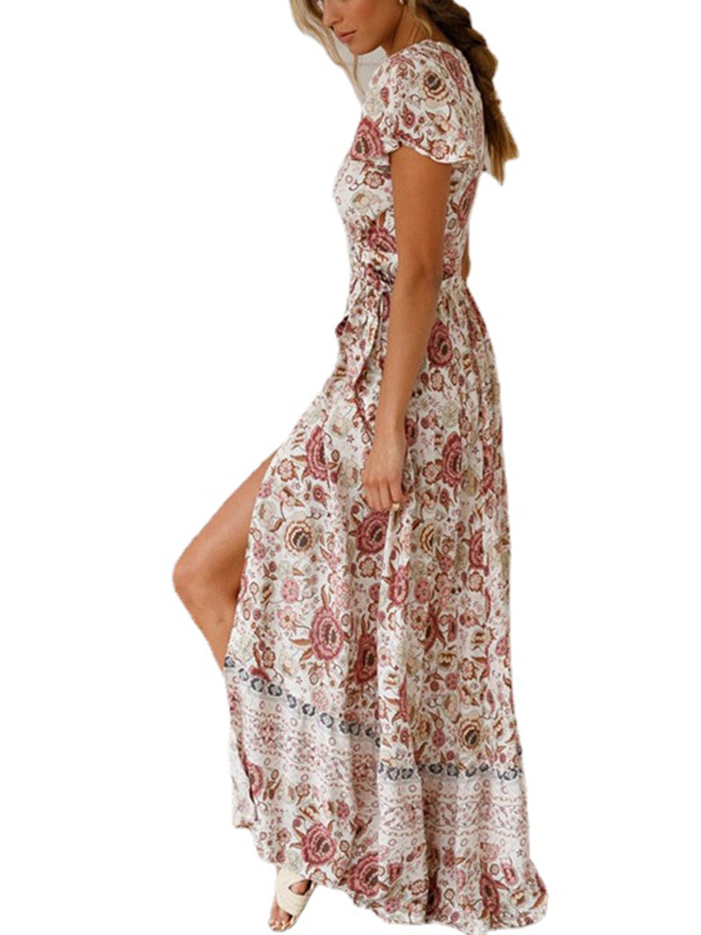 Floral Print Bohemian Maxi Dress; V Neck Short Sleeve Dress For Spring & Summer; Women's Clothing