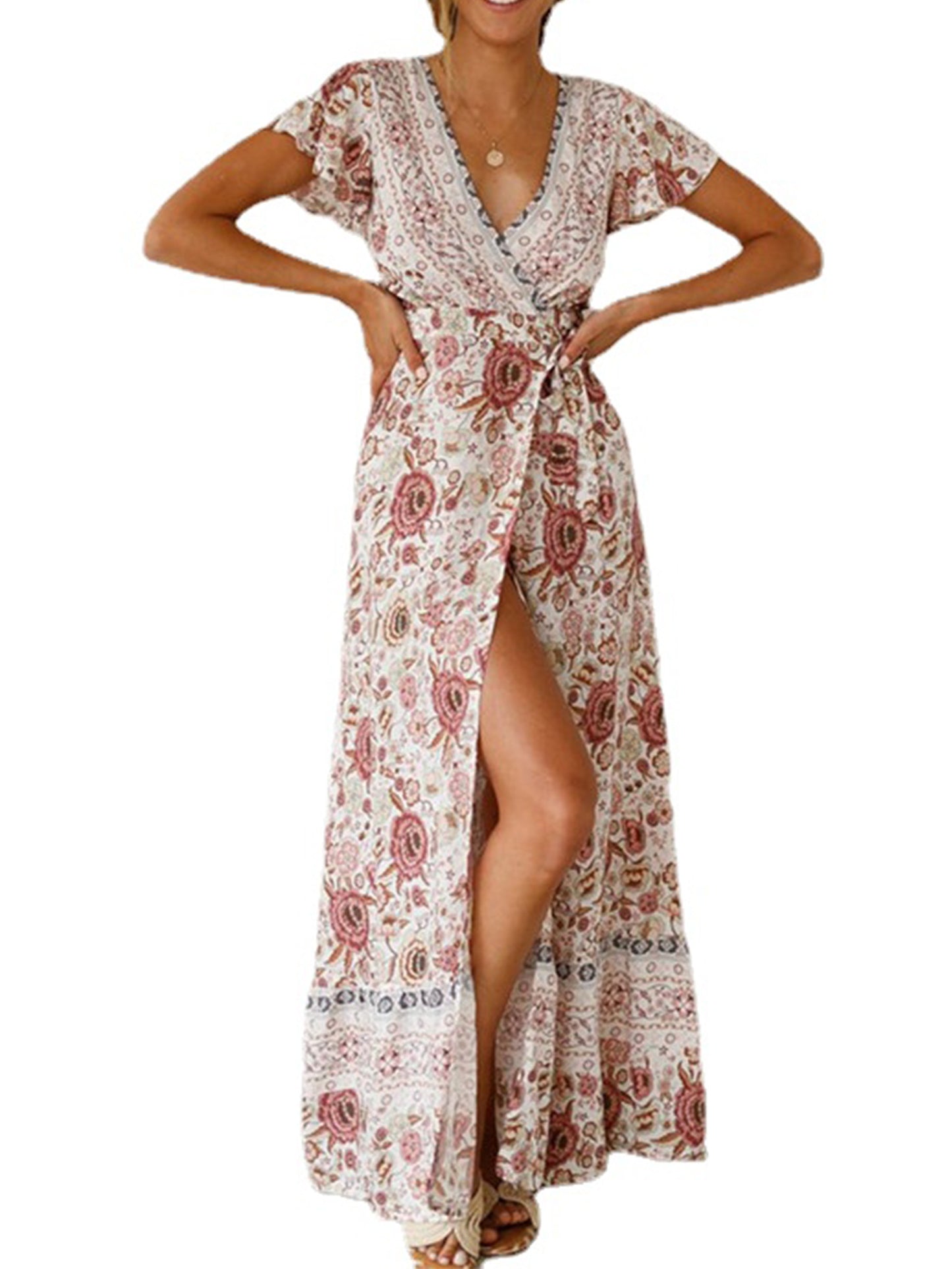 Floral Print Bohemian Maxi Dress; V Neck Short Sleeve Dress For Spring & Summer; Women's Clothing