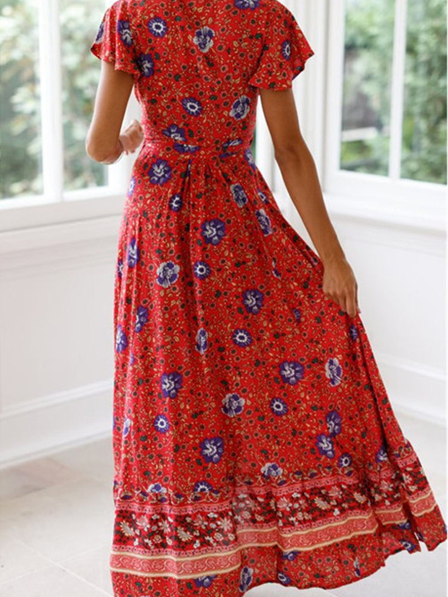 Floral Print Bohemian Maxi Dress; V Neck Short Sleeve Dress For Spring & Summer; Women's Clothing