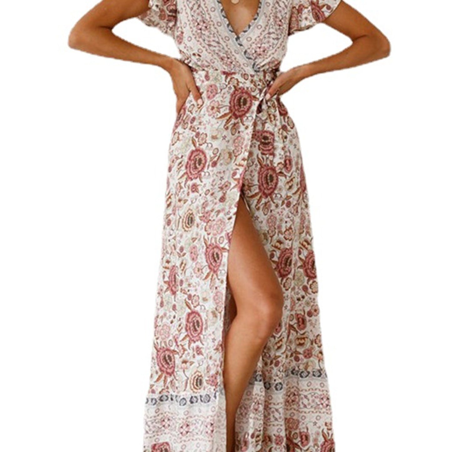 Floral Print Bohemian Maxi Dress; V Neck Short Sleeve Dress For Spring & Summer; Women's Clothing