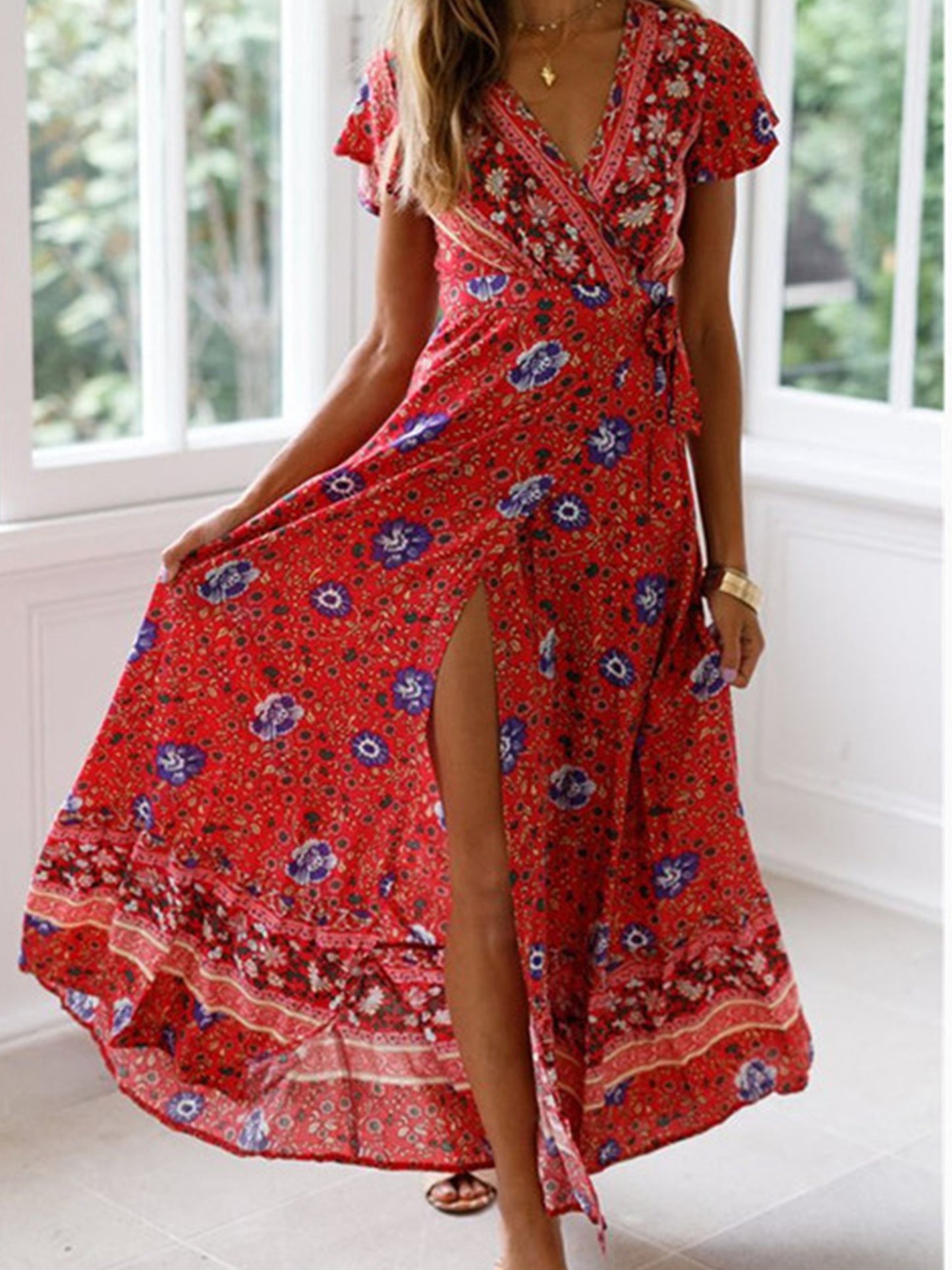 Floral Print Bohemian Maxi Dress; V Neck Short Sleeve Dress For Spring & Summer; Women's Clothing