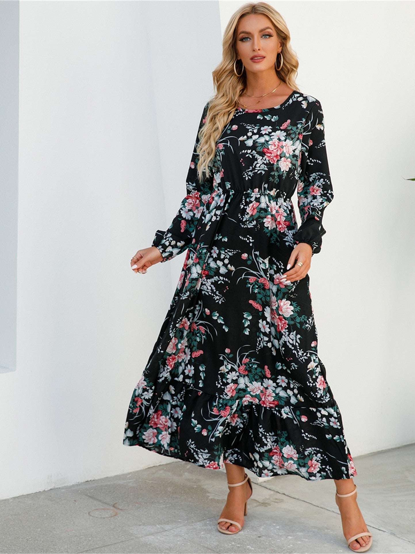 Floral Long Sleeve Maxi Dress; Long Sleeve Loose Crew Neck Dress; Casual Dresses For Spring & Summer; Women's Clothing