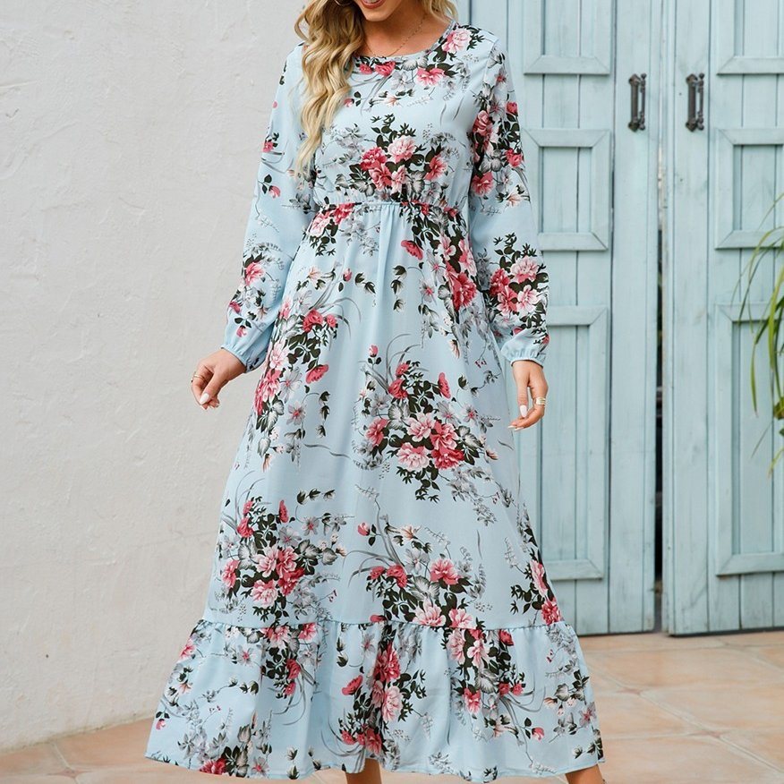 Floral Long Sleeve Maxi Dress; Long Sleeve Loose Crew Neck Dress; Casual Dresses For Spring & Summer; Women's Clothing