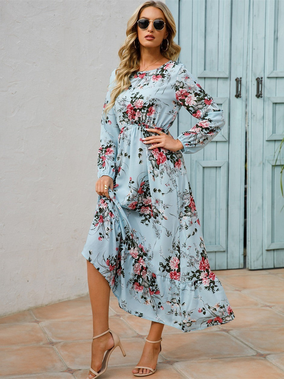 Floral Long Sleeve Maxi Dress; Long Sleeve Loose Crew Neck Dress; Casual Dresses For Spring & Summer; Women's Clothing