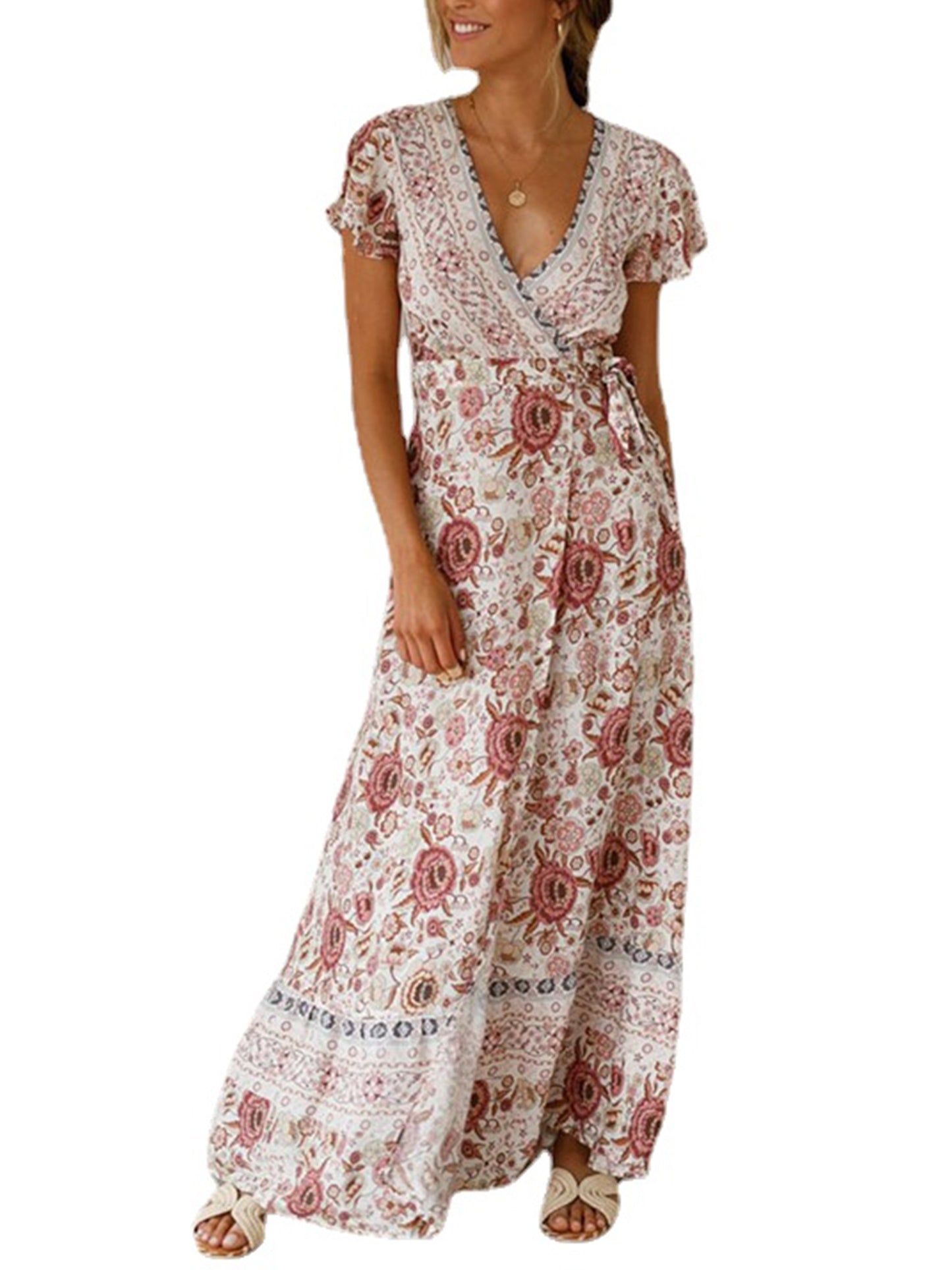 Floral Print Bohemian Maxi Dress; V Neck Short Sleeve Dress For Spring & Summer; Women's Clothing