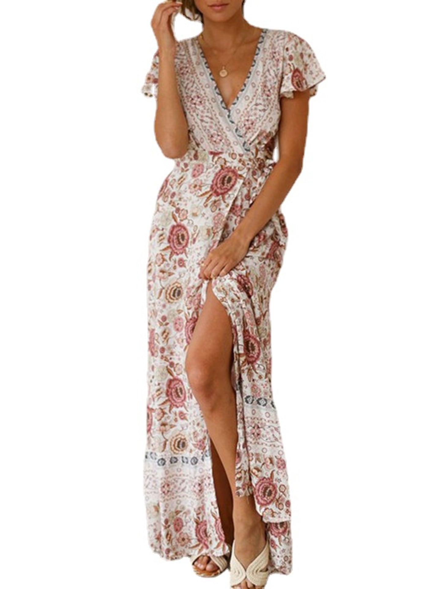 Floral Print Bohemian Maxi Dress; V Neck Short Sleeve Dress For Spring & Summer; Women's Clothing