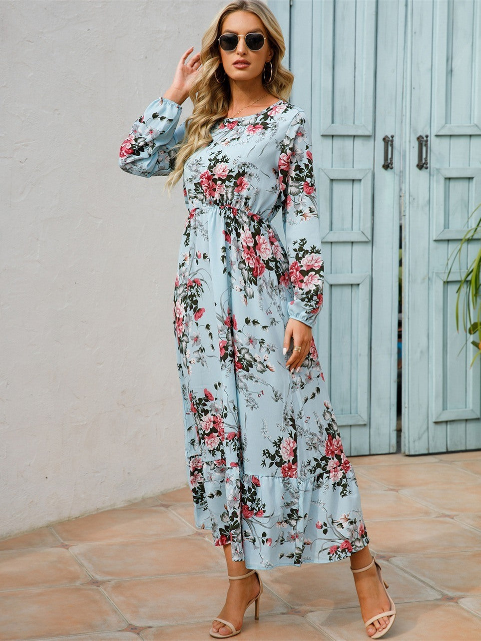 Floral Long Sleeve Maxi Dress; Long Sleeve Loose Crew Neck Dress; Casual Dresses For Spring & Summer; Women's Clothing