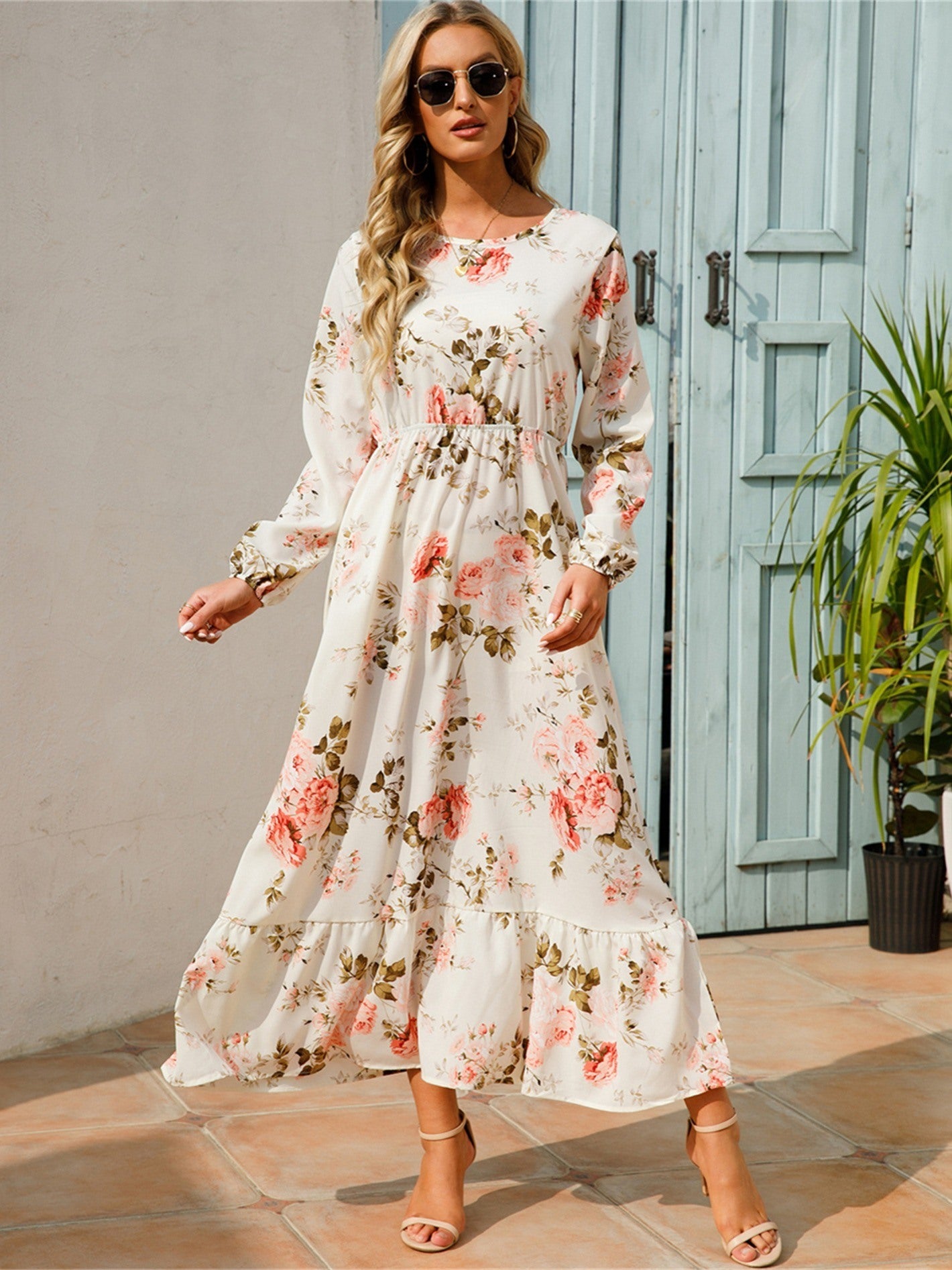 Floral Long Sleeve Maxi Dress; Long Sleeve Loose Crew Neck Dress; Casual Dresses For Spring & Summer; Women's Clothing