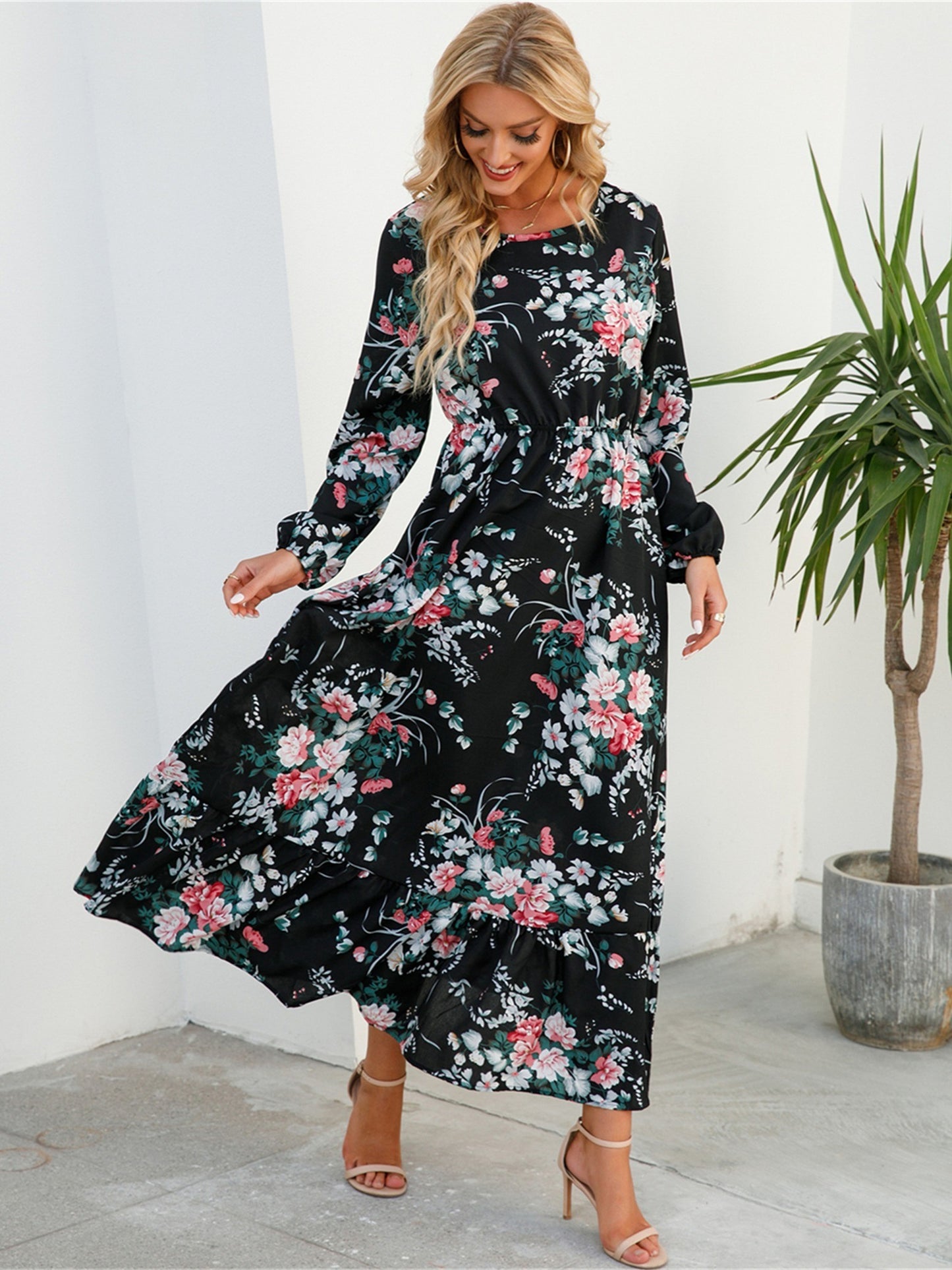 Floral Long Sleeve Maxi Dress; Long Sleeve Loose Crew Neck Dress; Casual Dresses For Spring & Summer; Women's Clothing