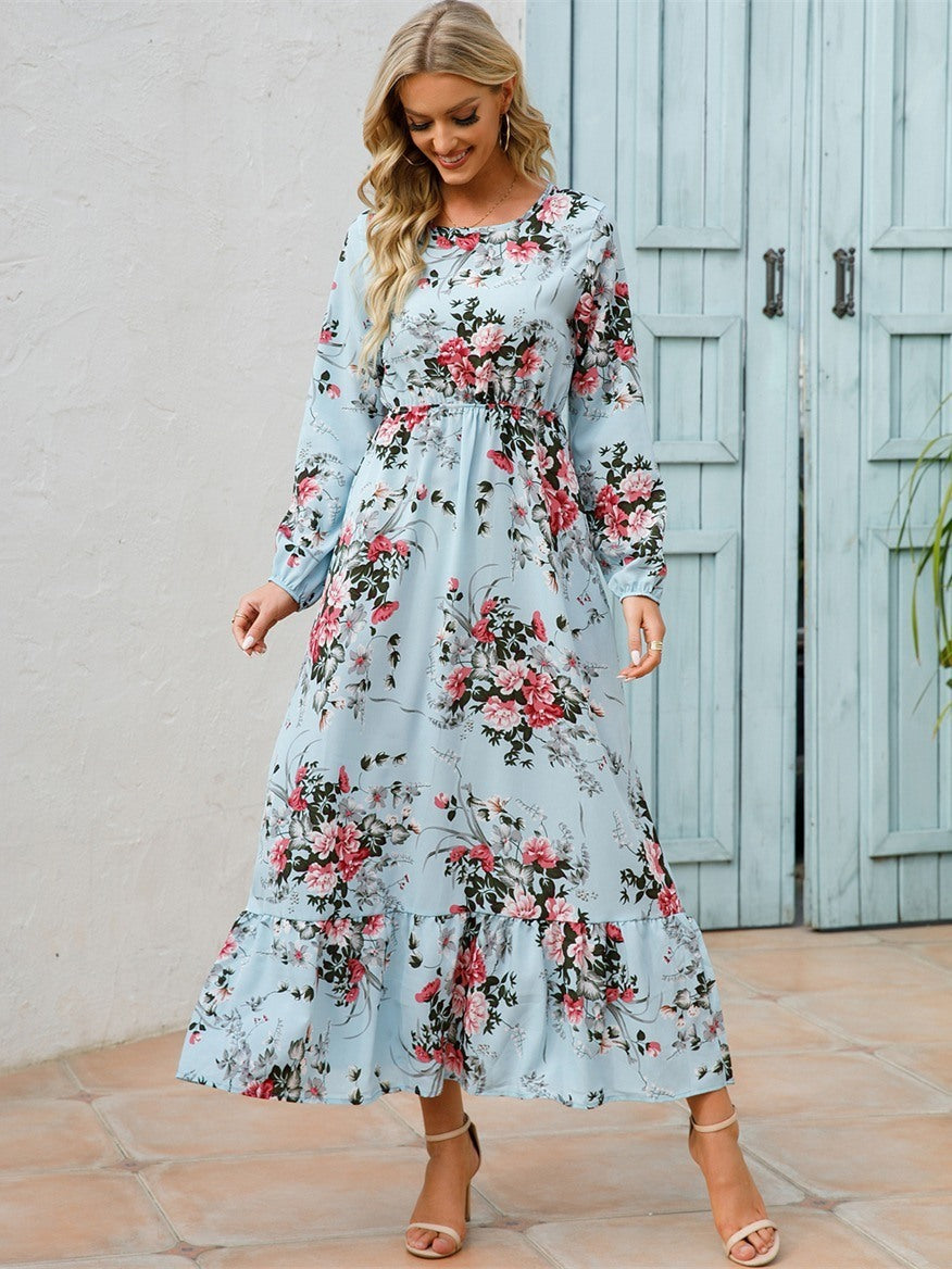 Floral Long Sleeve Maxi Dress; Long Sleeve Loose Crew Neck Dress; Casual Dresses For Spring & Summer; Women's Clothing