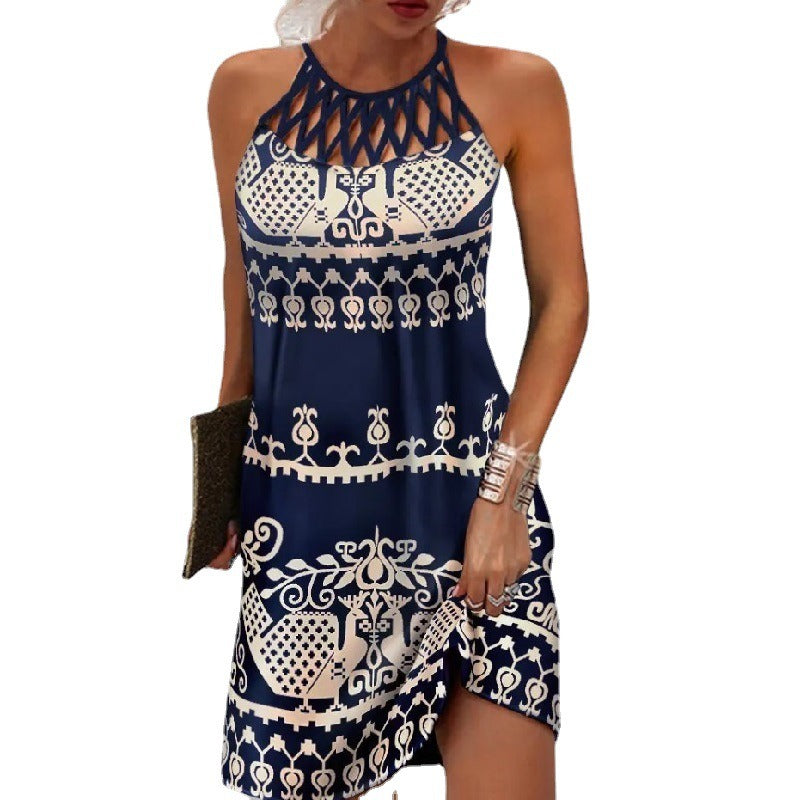 Summer 2023 Women's Elegant Round Neck Vintage Cutout Neck Sleeveless Halter Print Dress Hollow Out Floral Sexy Party Dress New