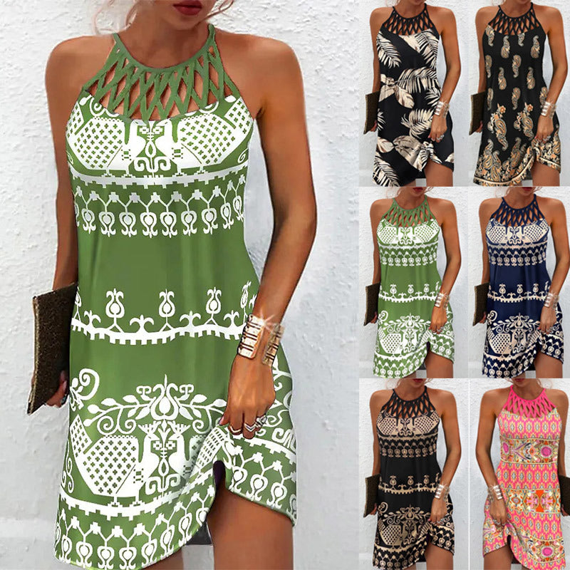 Summer 2023 Women's Elegant Round Neck Vintage Cutout Neck Sleeveless Halter Print Dress Hollow Out Floral Sexy Party Dress New