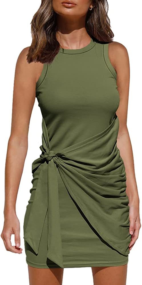 Women's 2023 Spring Casual Sleeveless Beach Tank Dress Bodycon Ruched Summer Mini Dresses