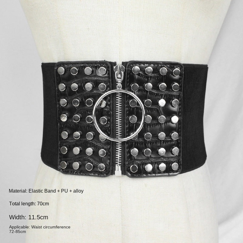 Europe and America Fashion Elastic Elastic Zipper Waist Seal Decoration Versatile Sweater Wide Belt with Dress Rivet Women's Belt