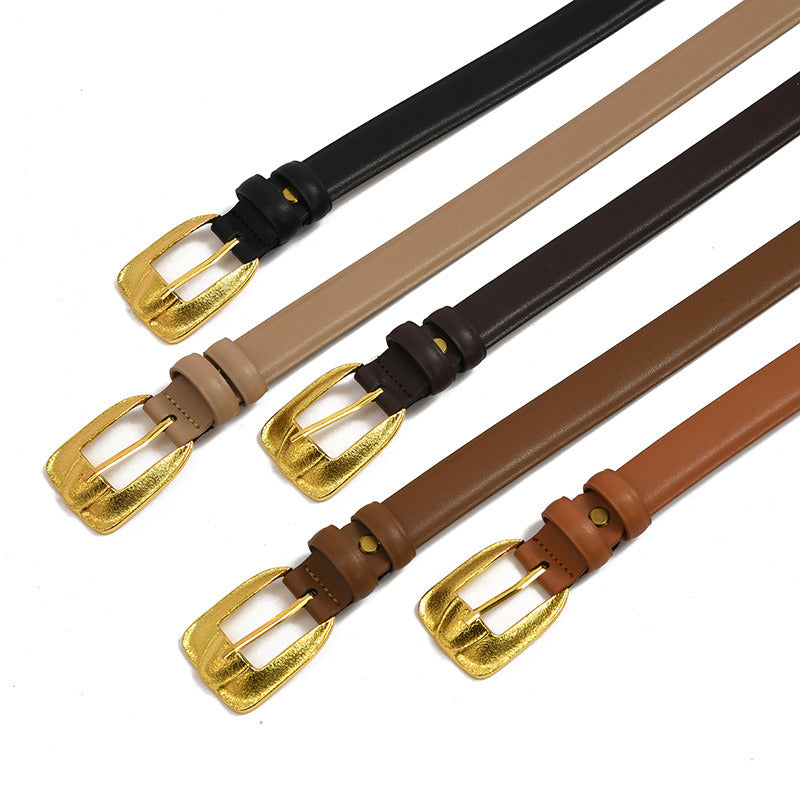 2022 Fashion cowhide belt for female creativity Gold gilded needle button Soft leather belt with retro elegant decoration