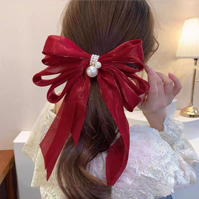 Summer New Pearl Pendant Big Organza Bow Hair Clip Fashion Hair Accessory Women's Large Ribbon Bow Hairpin Head Back Top Clip