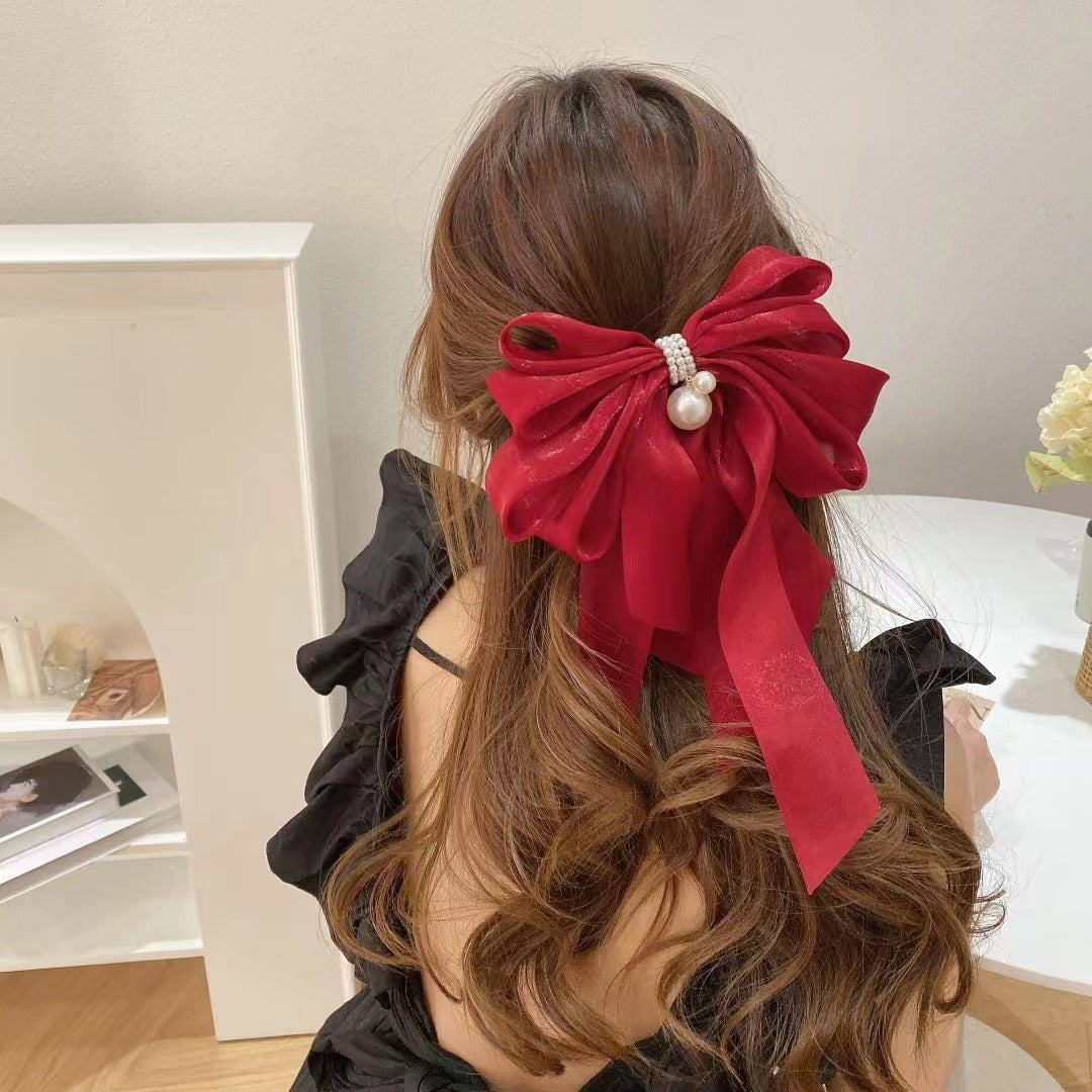 Summer New Pearl Pendant Big Organza Bow Hair Clip Fashion Hair Accessory Women's Large Ribbon Bow Hairpin Head Back Top Clip