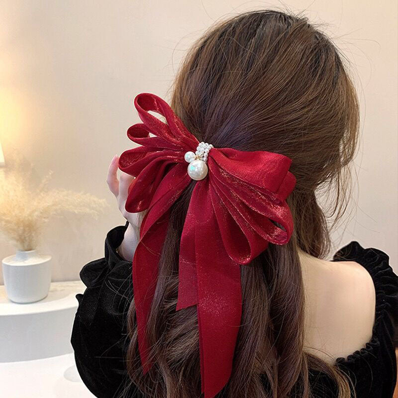 Summer New Pearl Pendant Big Organza Bow Hair Clip Fashion Hair Accessory Women's Large Ribbon Bow Hairpin Head Back Top Clip