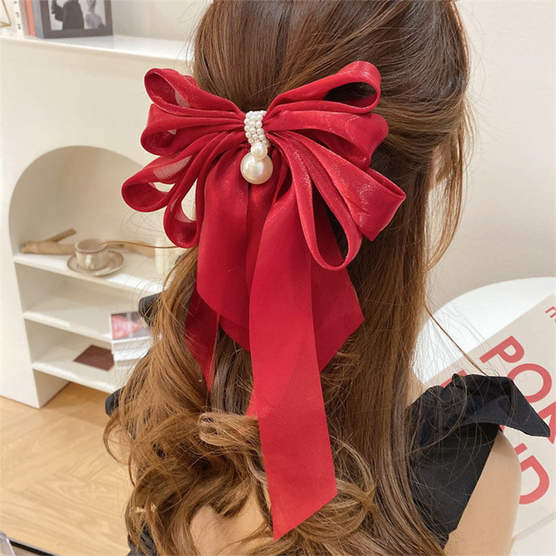 Summer New Pearl Pendant Big Organza Bow Hair Clip Fashion Hair Accessory Women's Large Ribbon Bow Hairpin Head Back Top Clip