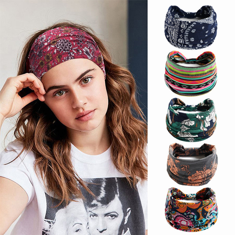 Bohemian Bandanas Elastic Hair Bands Yoga Headband Women Headwear Print Vintage Cross Unisex Scrunchies Hair Accessories