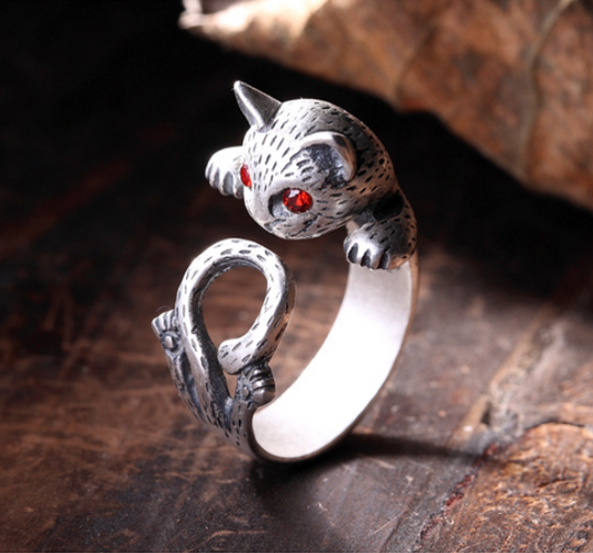 Antique Silver Distressed Lucky Cat Open Ring Women's Accessories