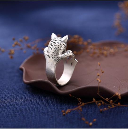 Antique Silver Distressed Lucky Cat Open Ring Women's Accessories