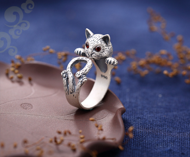 Antique Silver Distressed Lucky Cat Open Ring Women's Accessories