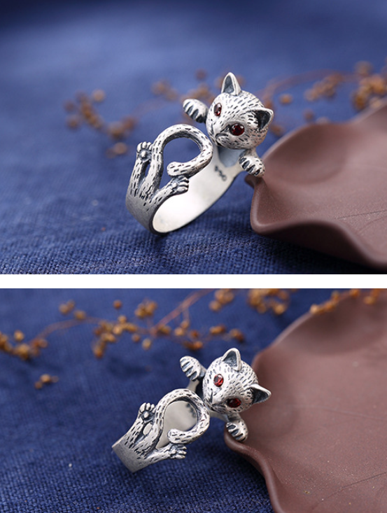 Antique Silver Distressed Lucky Cat Open Ring Women's Accessories