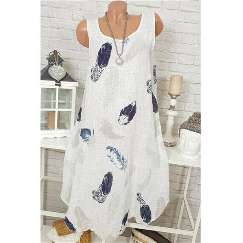 summer fashion new large size women's round neck sleeveless print dress long skirt