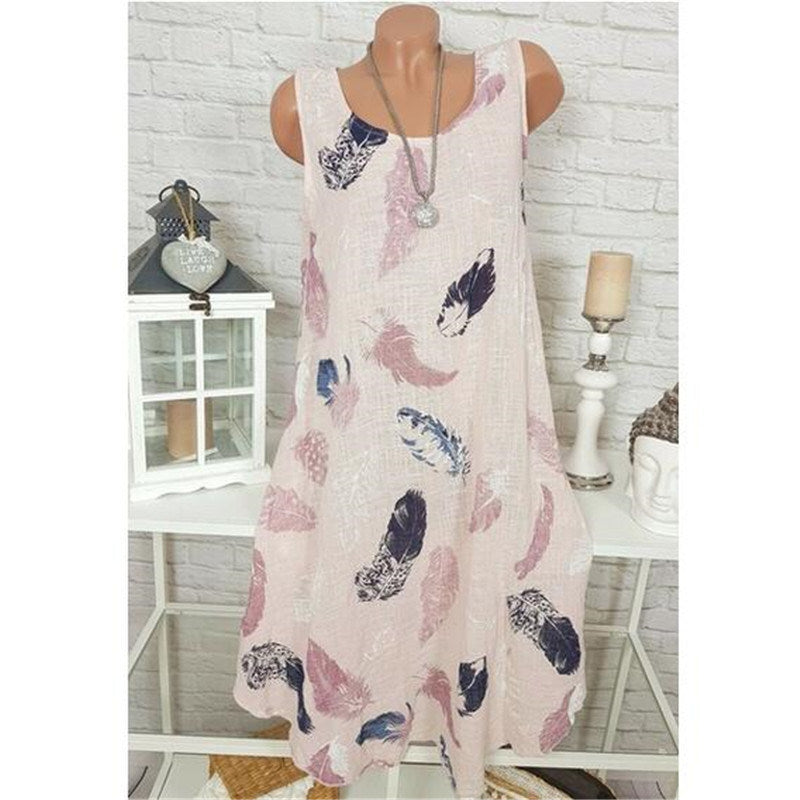 summer fashion new large size women's round neck sleeveless print dress long skirt