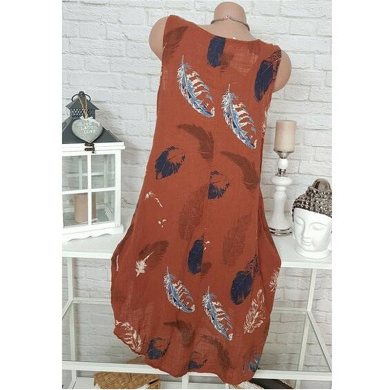 summer fashion new large size women's round neck sleeveless print dress long skirt