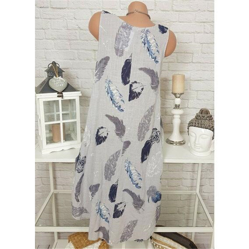 summer fashion new large size women's round neck sleeveless print dress long skirt