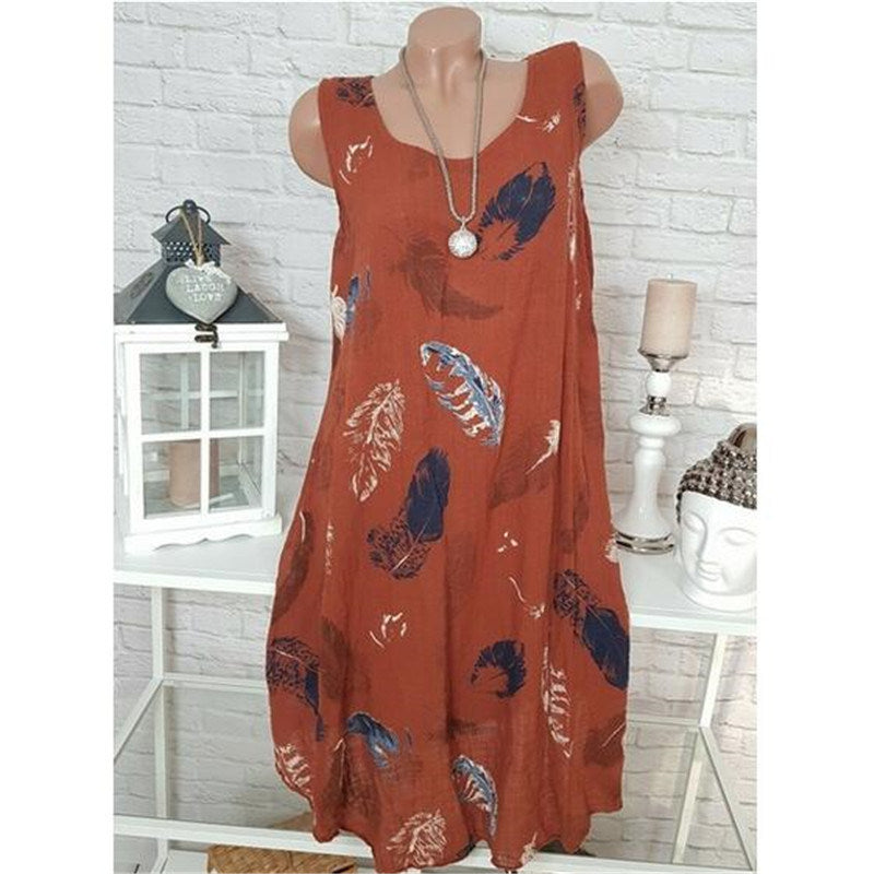 summer fashion new large size women's round neck sleeveless print dress long skirt