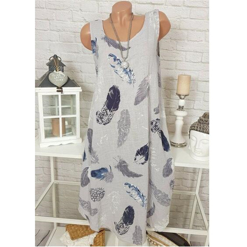 summer fashion new large size women's round neck sleeveless print dress long skirt