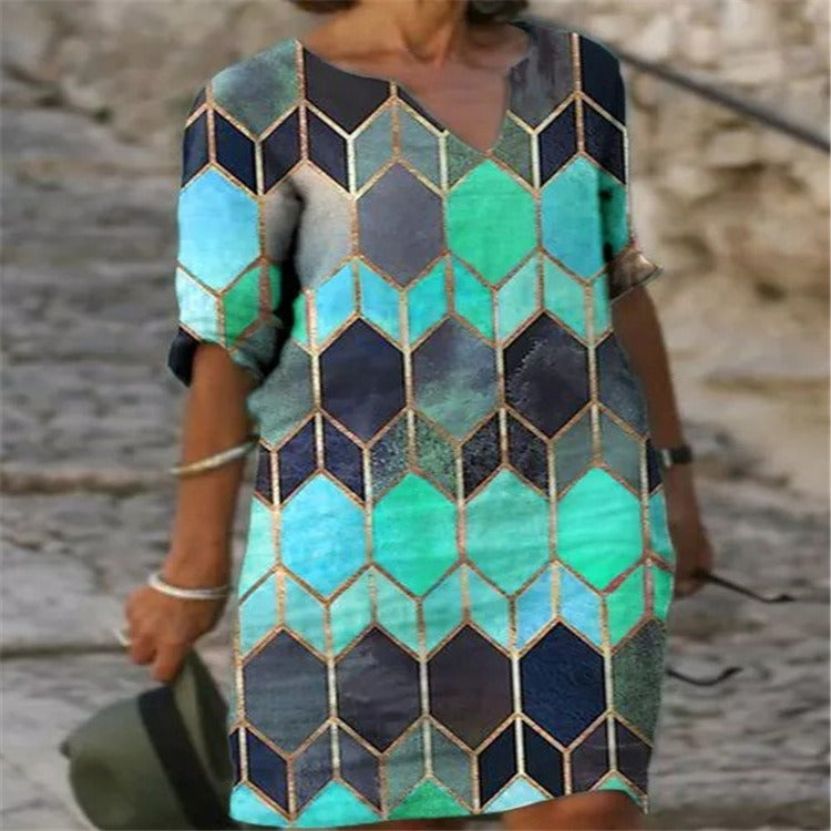 spring and summer fashion women's new style dress loose casual geometric printing long V-neck dress