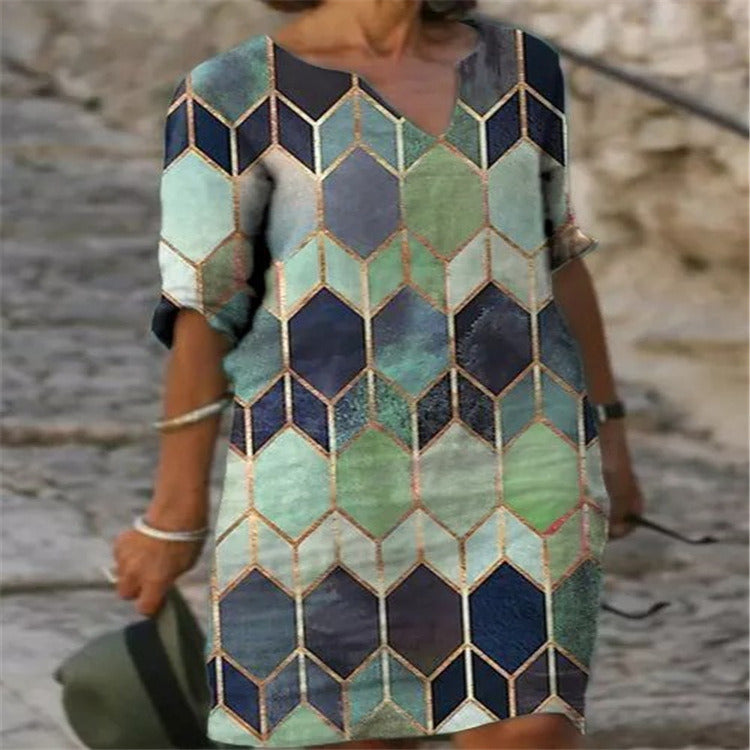 spring and summer fashion women's new style dress loose casual geometric printing long V-neck dress