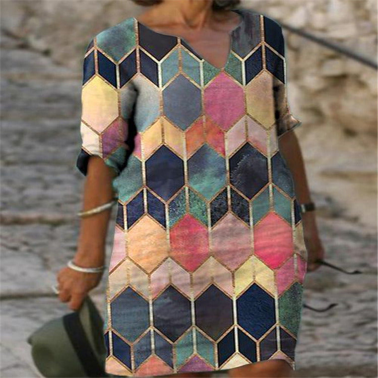 spring and summer fashion women's new style dress loose casual geometric printing long V-neck dress