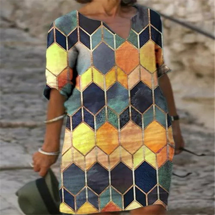 spring and summer fashion women's new style dress loose casual geometric printing long V-neck dress