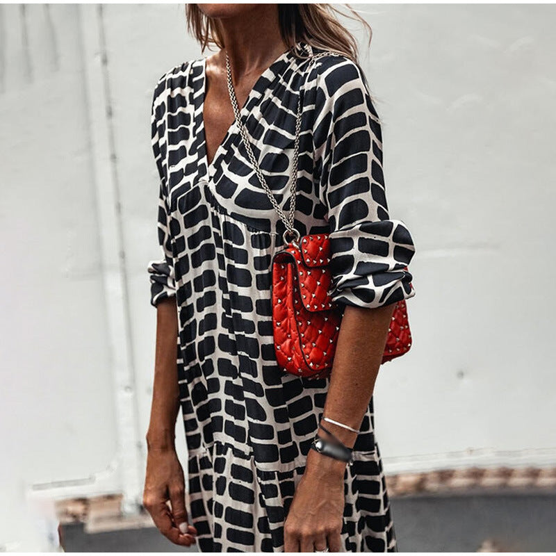 Leopard Print V-Neck Summer Dress Women Loose Casual Fit And Flare Mid-calf Dresses 2021 New Fashion Long Sleeve Streetwear Robe