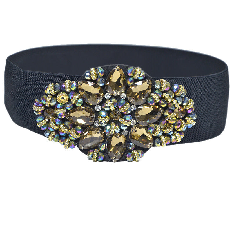 Women Retro Belts Rhinestone Cummerbunds, Floral Crystal Waistband for Female