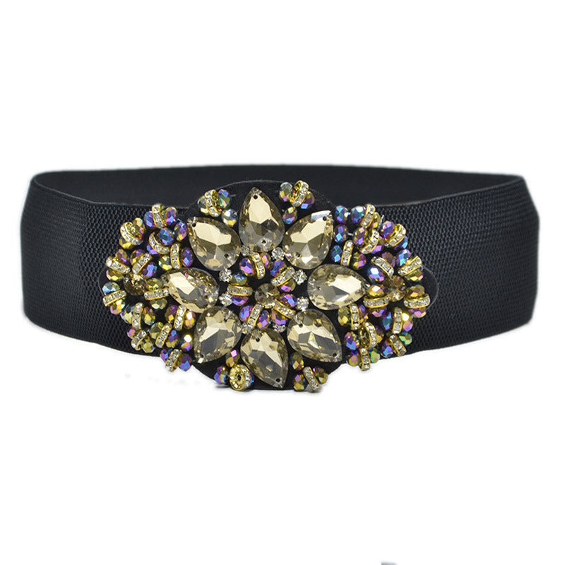 Women Retro Belts Rhinestone Cummerbunds, Floral Crystal Waistband for Female