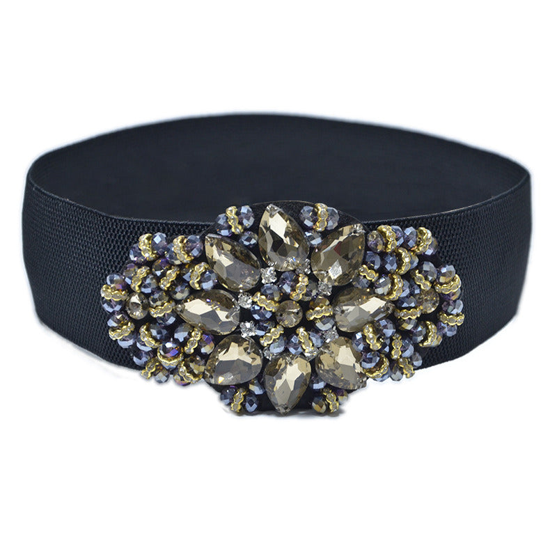 Women Retro Belts Rhinestone Cummerbunds, Floral Crystal Waistband for Female