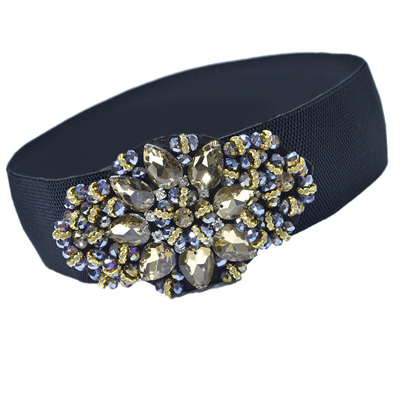 Women Retro Belts Rhinestone Cummerbunds, Floral Crystal Waistband for Female